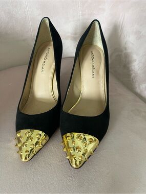 Antonio Melani Black Pointed Toe Pumps with Gold Stud Cap SZ 7 1/2